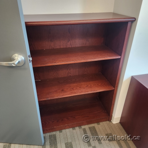 Mahogany 3 Shelf Bookcase with Adjustable Shelves, Overhang Top